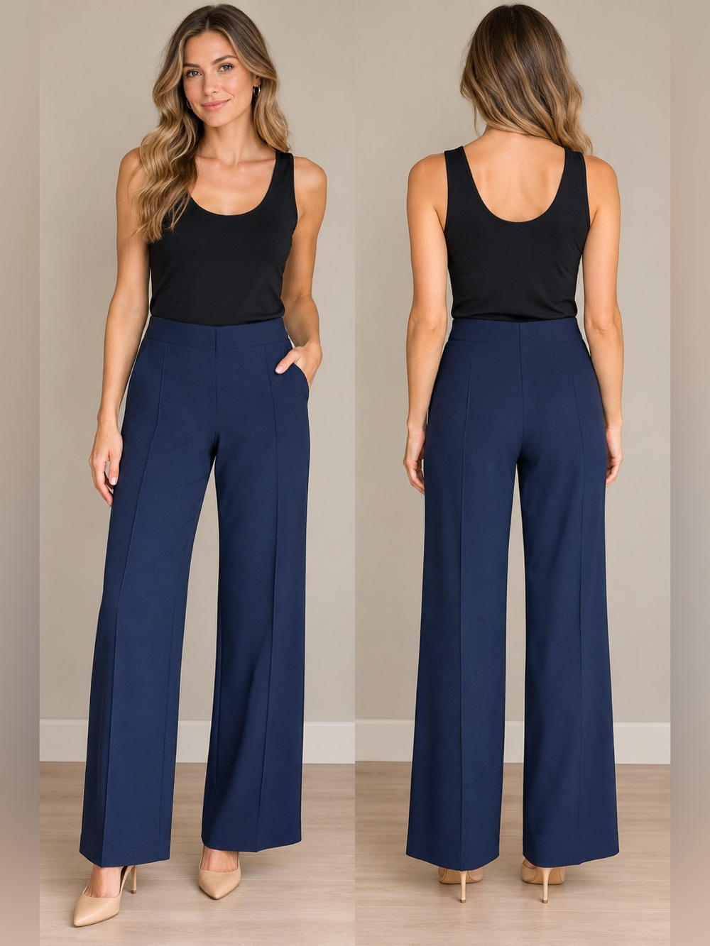 Vilagallo Navy Pull On Trousers Wide Leg Stretch EU 50 US‎ 18 20 Spanish brand